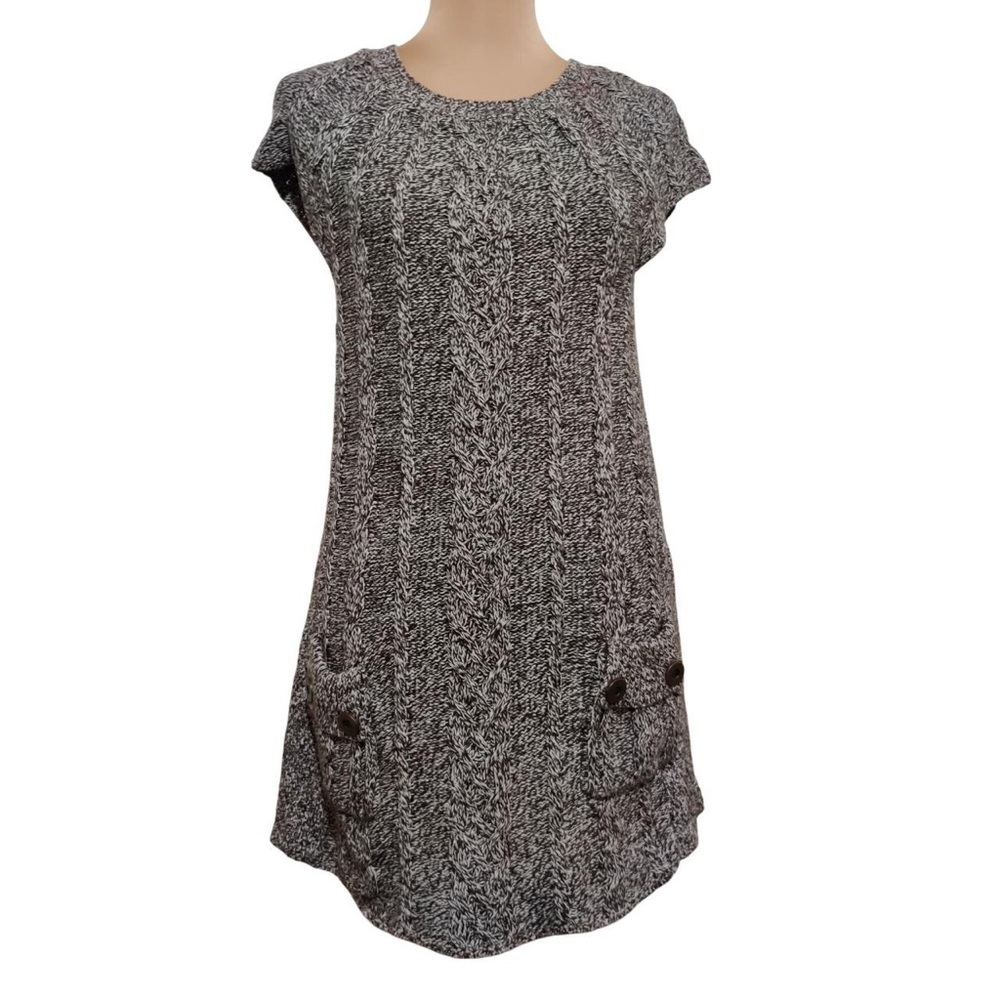 Elegant Cable Knit Short Sleeve Brown White Thread Sweater Dress - Picture 8 of 11